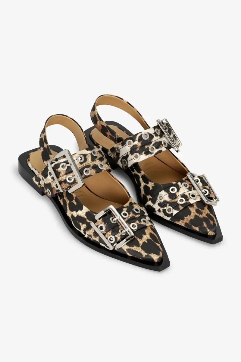 Feminine Buckle Ballerinas in Leopard Satin Feminine Buckle Ballerinas in Leopard Satin