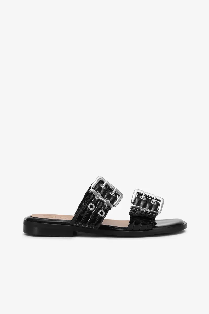 Feminine Buckle Two-Strap Sandals in Black