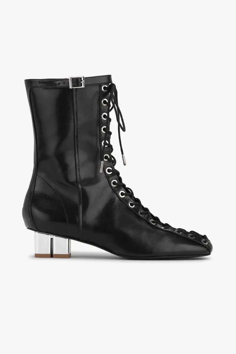 Lace-Up Ankle Boots in Black Oleatex