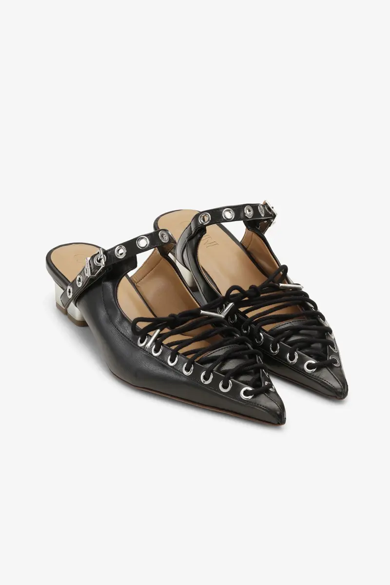 Lace-Up Mules in Black Oleatex Lace-Up Mules in Black Oleatex