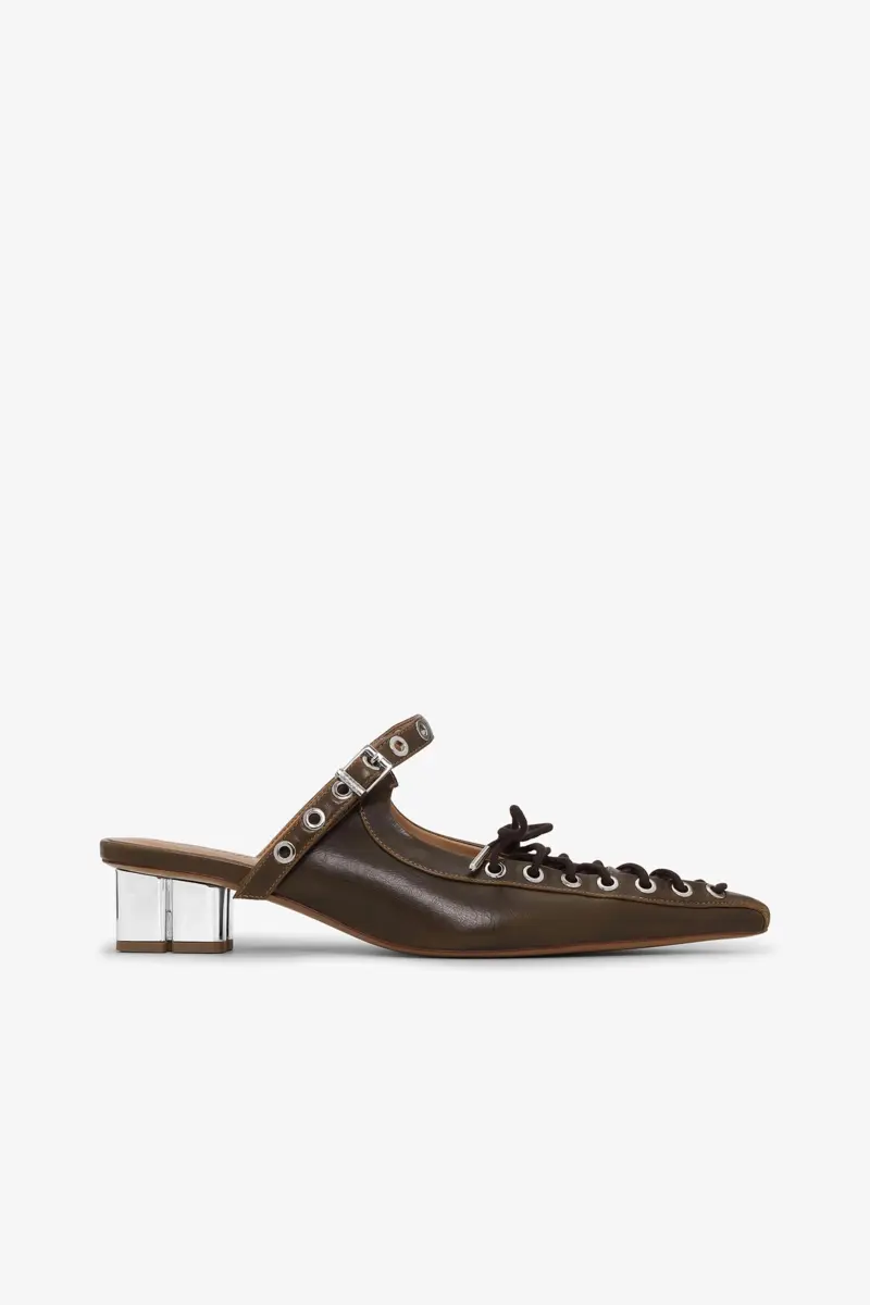 Lace-Up Mules in Dark-Olive Oleatex Lace-Up Mules in Dark-Olive Oleatex