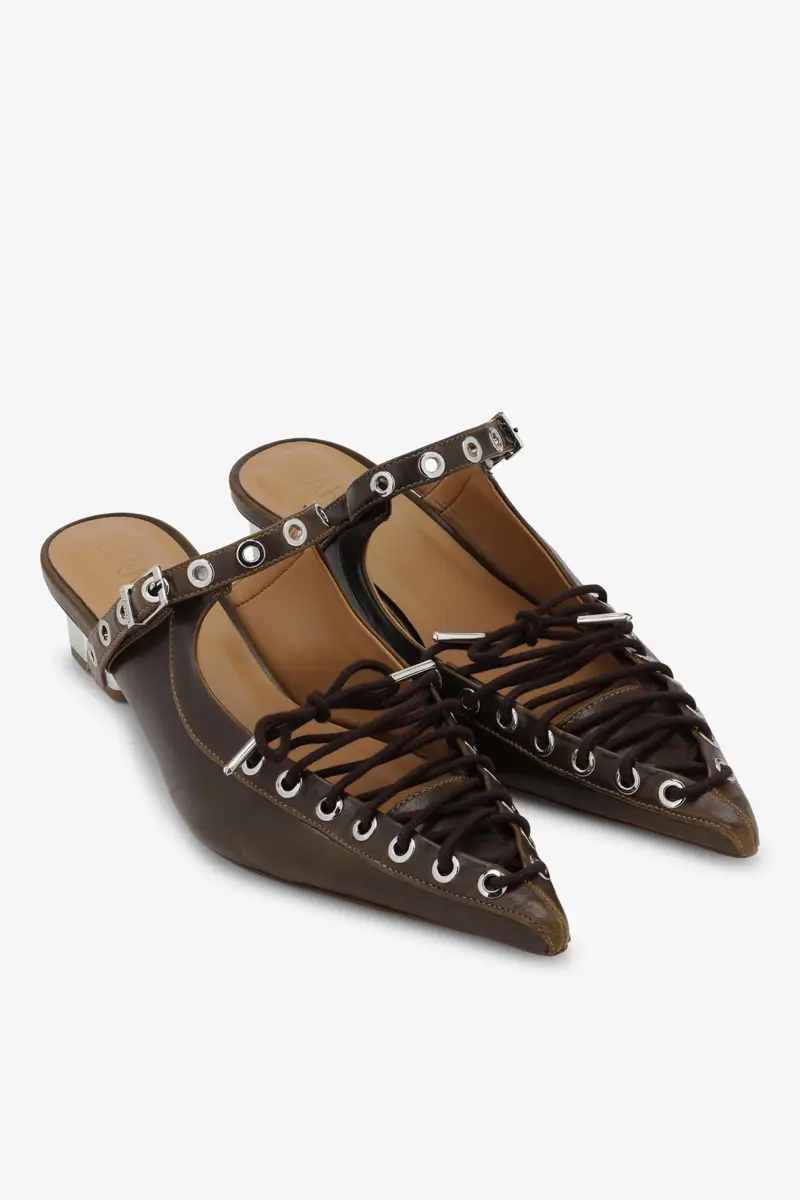 Lace-Up Mules in Dark-Olive Oleatex Lace-Up Mules in Dark-Olive Oleatex